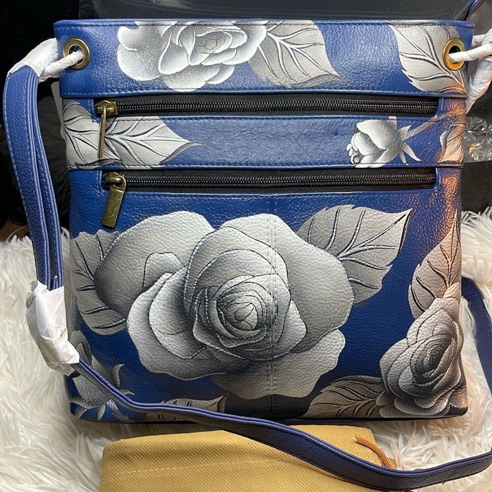 💙Anna by Anuschka Genuine Leather Medium Crossbody Handbag, Romantic Rose Blue